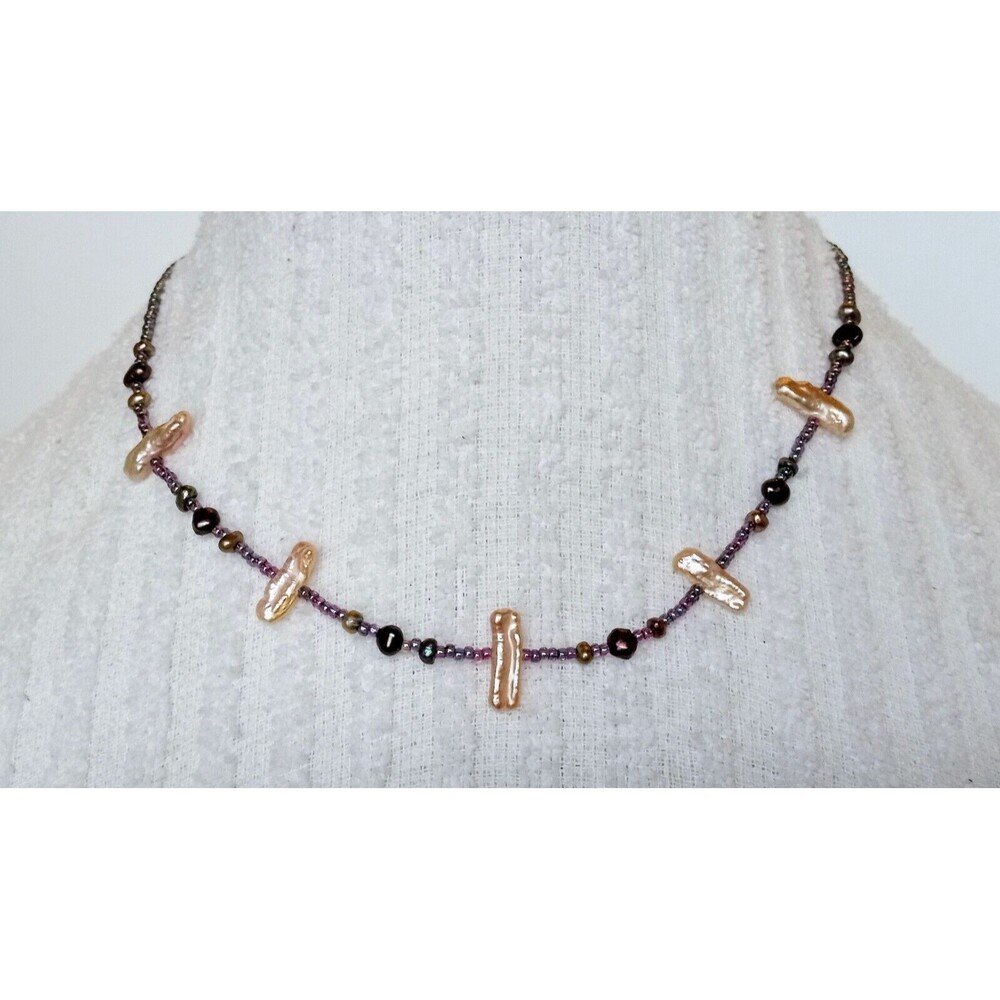 Artist-made Sterling Keshi Pearl Necklace with Lustrous Purple Seed Beads 17 in